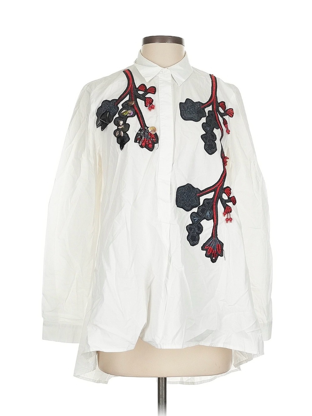 Kobi Halperin White Button-Down Blouse with Red & Black Floral Embroidery